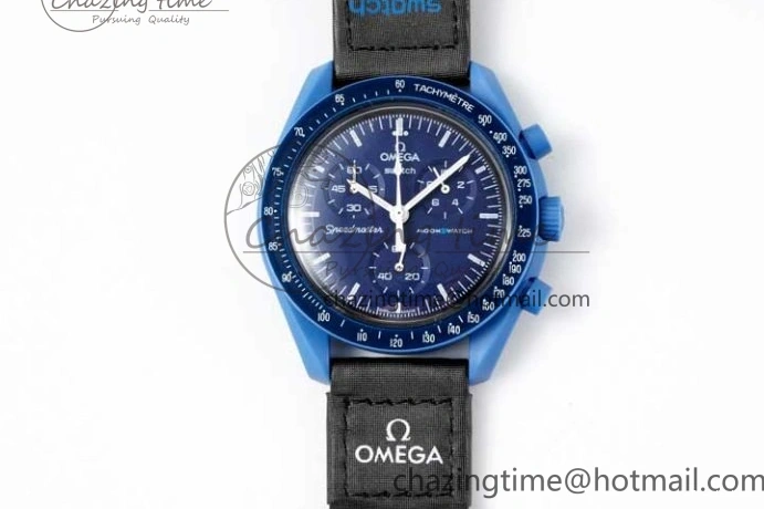 0211 ZipUp Speedmaster Misson To Neptune 1:1 Best Edition Blue Dial On Nylon Strap Quartz 7854